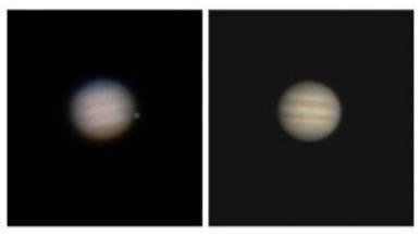 Jupiter with 100 times magnification a telescope of 2 at left and 4 at right